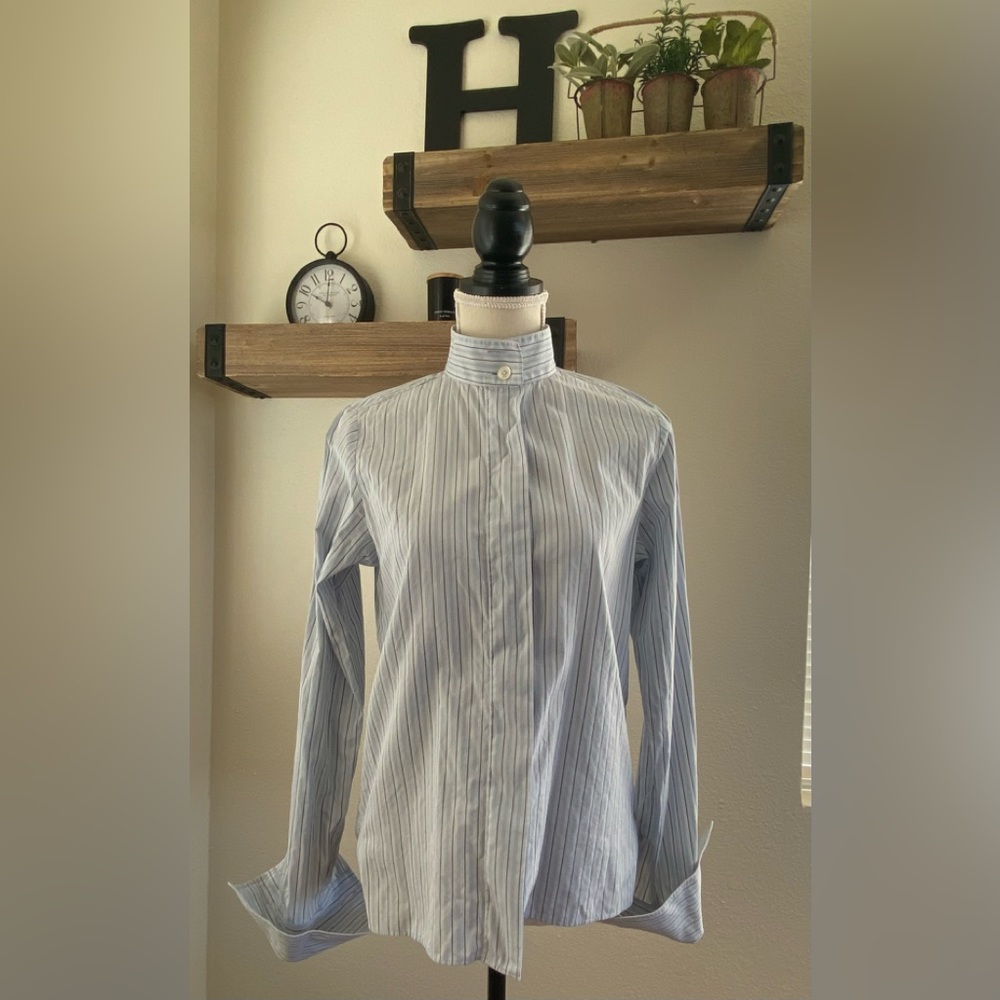 Authentic Chanel Striped Mock Neck Cotton Blue/White wFrench cuffs